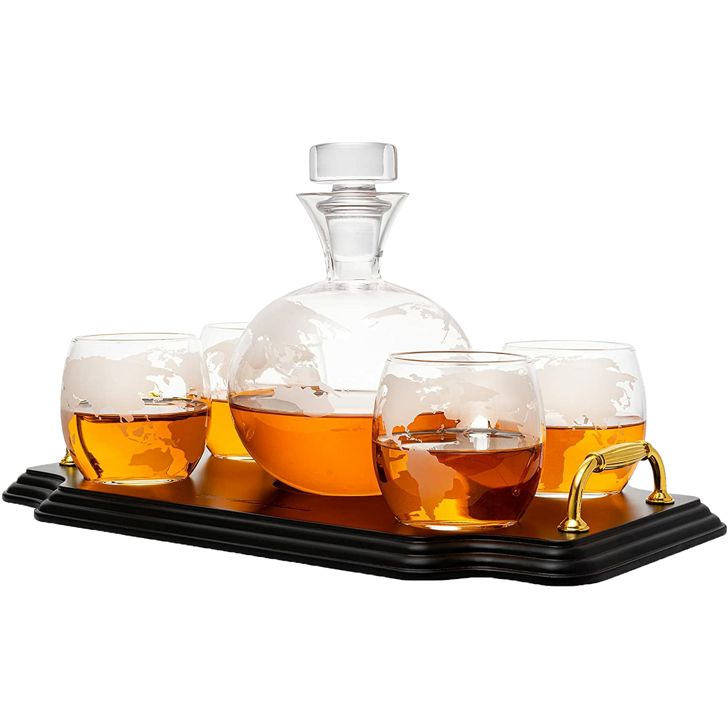 Etched World Map Globe Whiskey Decanter Set 750ml With 4 10oz Map Glasses 13" H x 13" L by The Wine Savant - Traveler Gifts, Home Bar, Whiskey Gifts, Cartography, Geography Gifts, Cosmopolitan Gifts