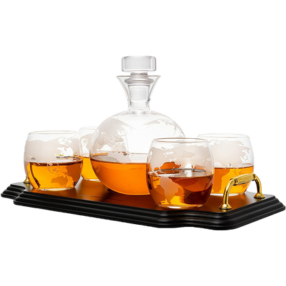 Etched World Map Globe Whiskey Decanter Set 750ml With 4 10oz Map Glasses 13" H x 13" L by The Wine Savant - Traveler Gifts, Home Bar, Whiskey Gifts, Cartography, Geography Gifts, Cosmopolitan Gifts
