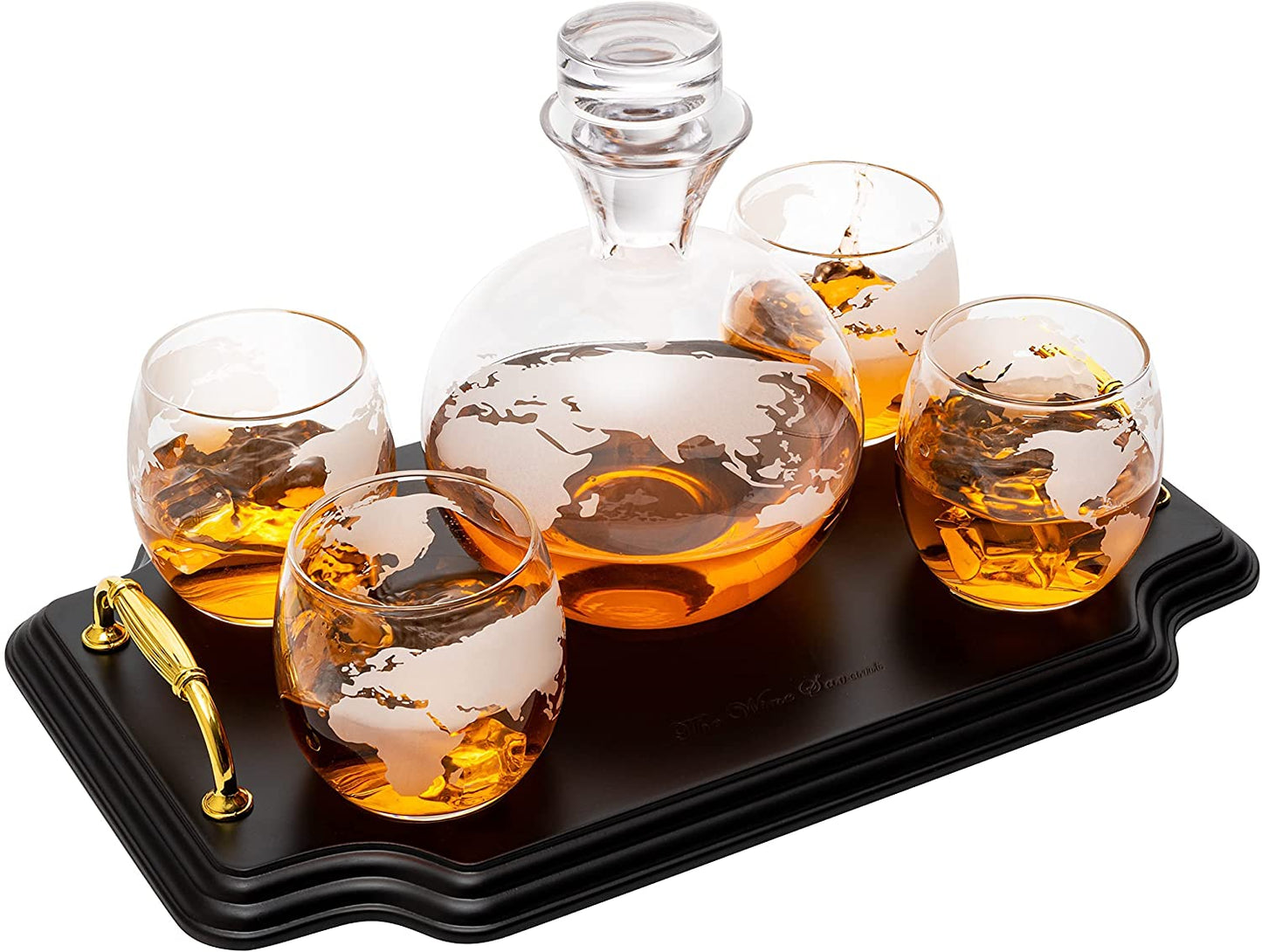 Etched World Map Globe Whiskey Decanter Set 750ml With 4 10oz Map Glasses 13" H x 13" L by The Wine Savant - Traveler Gifts, Home Bar, Whiskey Gifts, Cartography, Geography Gifts, Cosmopolitan Gifts