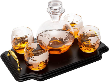 Etched World Map Globe Whiskey Decanter Set 750ml With 4 10oz Map Glasses 13" H x 13" L by The Wine Savant - Traveler Gifts, Home Bar, Whiskey Gifts, Cartography, Geography Gifts, Cosmopolitan Gifts