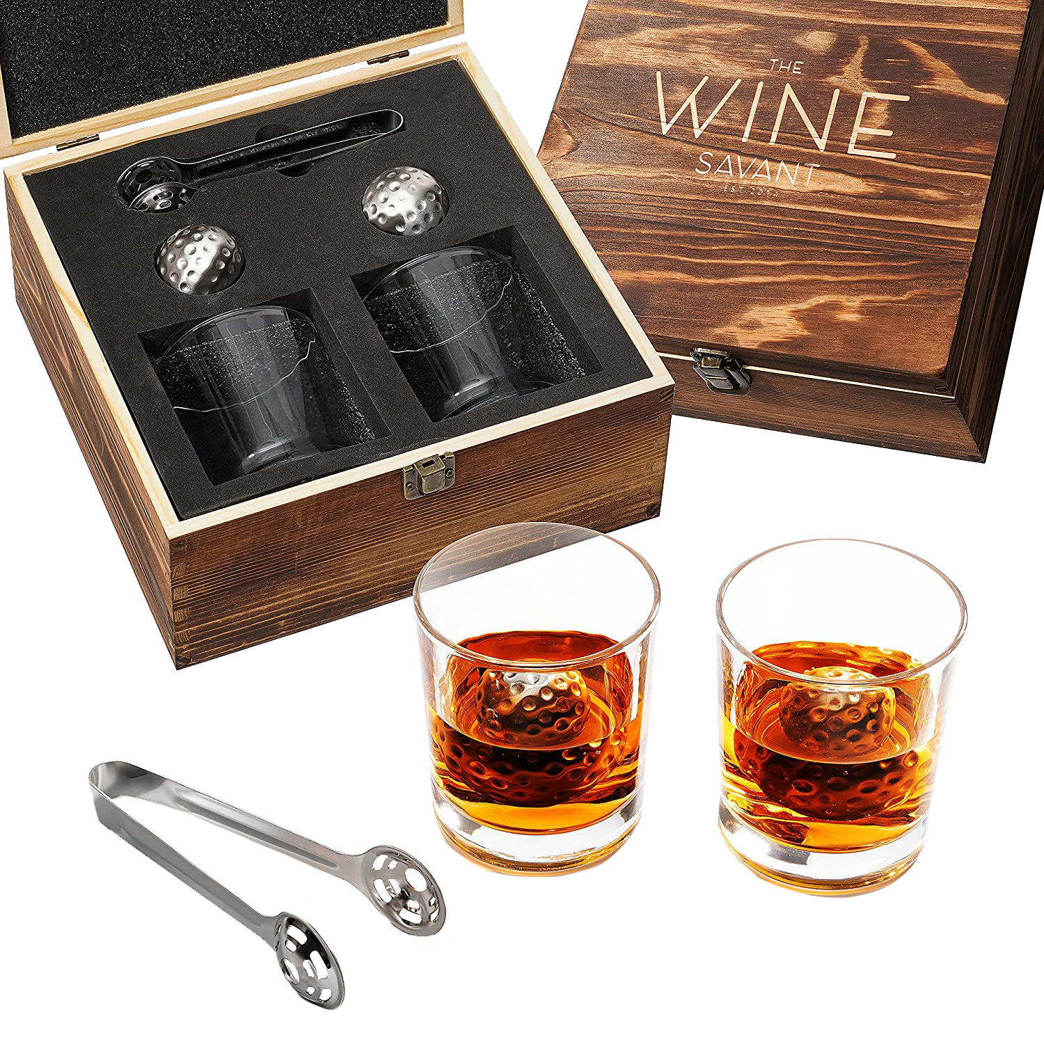 Luxurious Bar Gift Set - Golf Whiskey Glasses - Golf Ball Chillers - Tongs - Set in Premium Wood Box by The Wine Savant - Unique Whiskey Glass Set - Golf Gifts, Golfer Gifts, Gifts for Golf Lovers-0