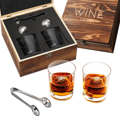 Luxurious Bar Gift Set - Golf Whiskey Glasses - Golf Ball Chillers - Tongs - Set in Premium Wood Box by The Wine Savant - Unique Whiskey Glass Set - Golf Gifts, Golfer Gifts, Gifts for Golf Lovers-0