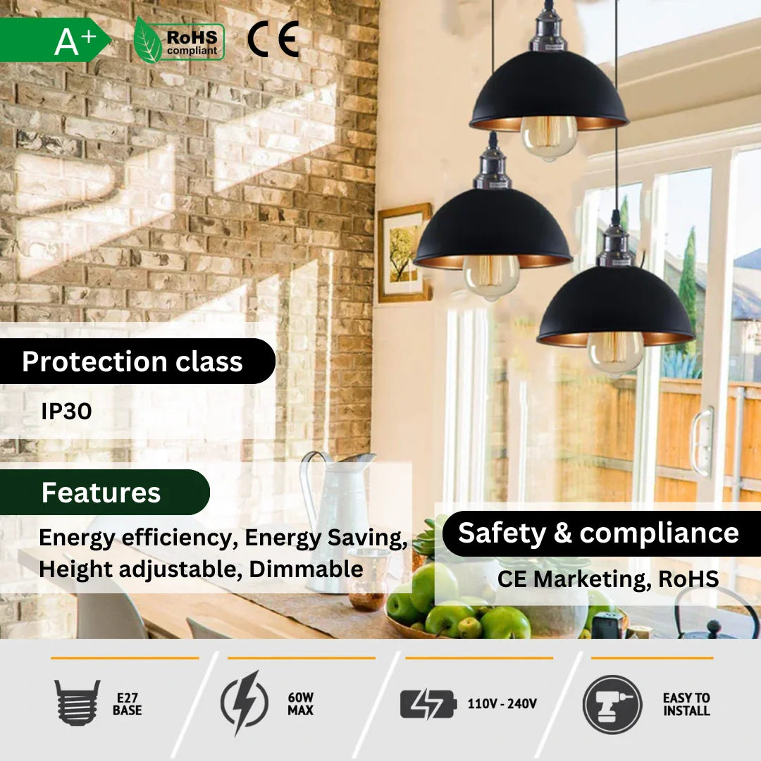 Black 3 Head Vintage Adjustable Hanging Ceiling Pendant Light E27~1597